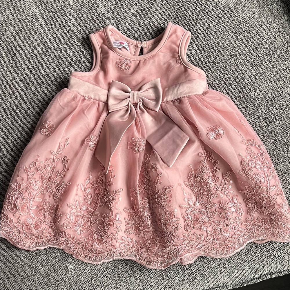 Pink Embroidered Baby Dress with Bow